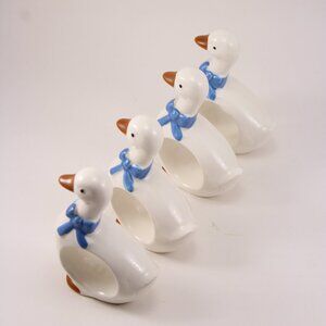 1980s Blue Ribbon Goose Geese Duck Napkin Rings Holders Set 4 Porcelain